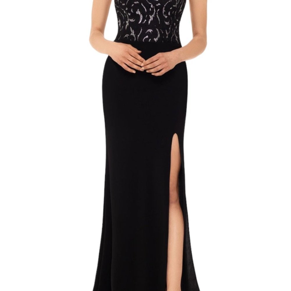 BETSY & ADAM Full-Length Dress Black Size 4 Embellished Slitted Strapless